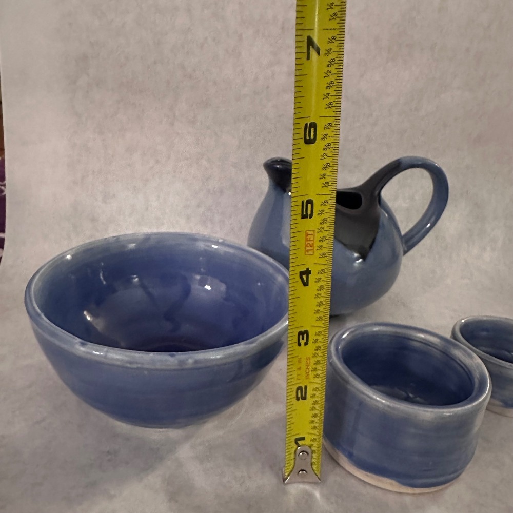 Blue Glazed Ceramic Pitcher Bowl Set 4 Pieces Small Creamer Cup - Picture 16 of 16